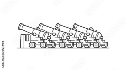 Fotografie Five vintage heavy artillery cannons line art illustration.