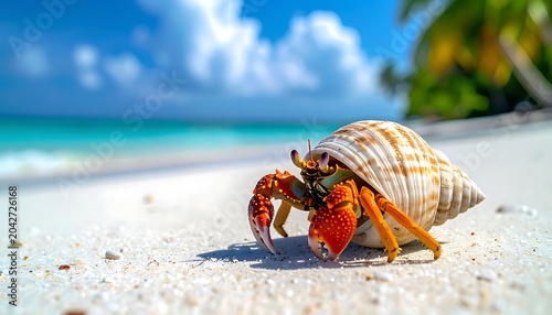 Hermit crab on sandy beach shore.