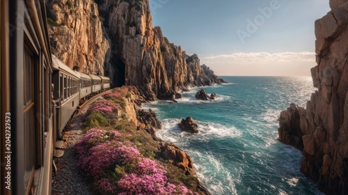 Scenic Coastal Train Journey Along Dramatic Cliffs and Turquoise Waters Surrounded by Vibrant Flowers and Breathtaking Ocean Views at Sunset