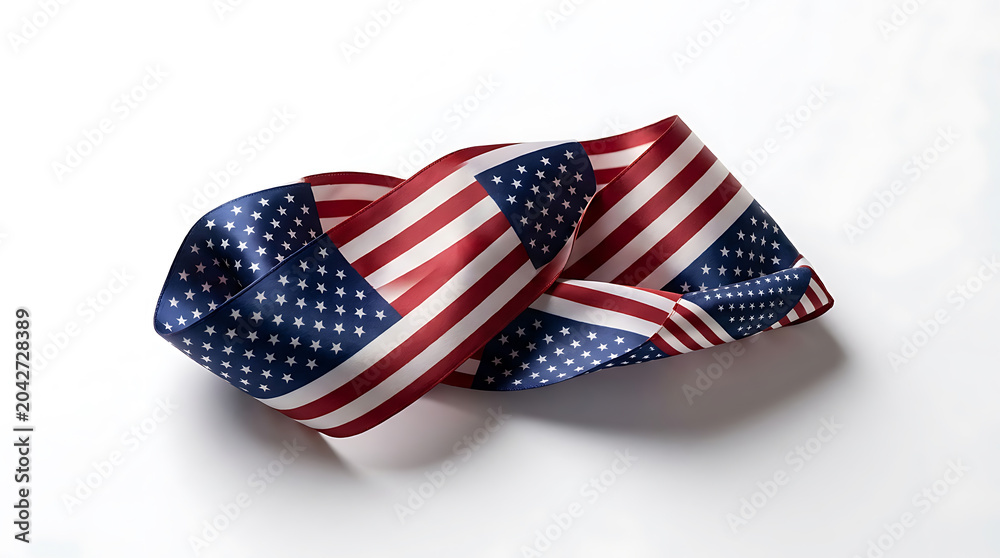 Obraz premium Abstract American flag fabric twisted and folded, creating a patriotic design on a clean white background, symbolizing national pride.