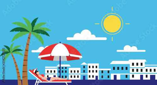 Obraz na płótnie Tropical Beach Vacation: Woman relaxing under umbrella, palm trees, city skyline