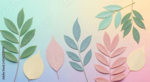 Pastel Leaves Arrangement on Gradient Background.