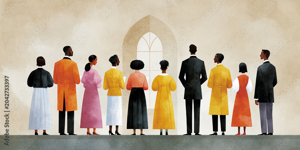 Obraz premium A group of diverse individuals dressed in vibrant colors stand in front of a church archway, facing towards a window, suggesting a moment of collective contemplation or worship