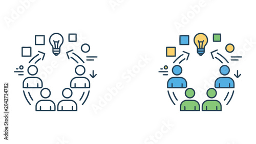 Creative brainstorming and team idea generation process icon set with lightbulb and geometric block symbols for innovation strategy and collaborative design workflows isolated on white for web use