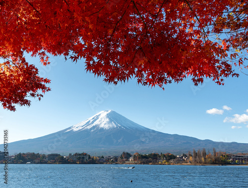 Mount Fuji, the iconic symbol of Japan, during the season of autumn foliage, a period of exceptional beauty.kawaguchiko,japan.