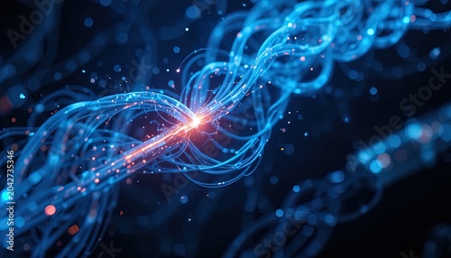 Abstract Illustration of Interconnected Network Cables with Energy Surge and Glowing Particles