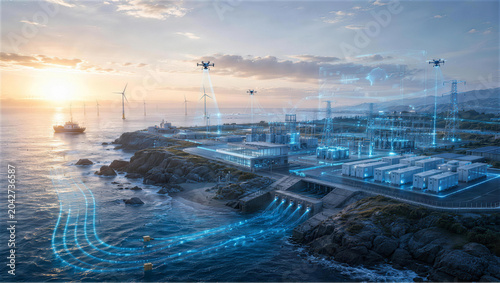 Futuristic Coastal Energy Hub: A cutting-edge industrial complex harnessing renewable energy from wind and tidal power.