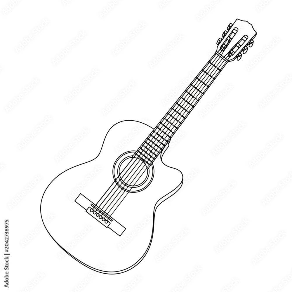 Fototapeta premium Icon vector illustration of a classic acoustic guitar with a cutaway body, detailed fretboard, and tuning pegs, perfect for music themes