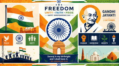 Foto Vibrant collage celebrating India's Independence Day and Gandhi Jayanti with national symbols, historical landmarks, and inspirational quotes