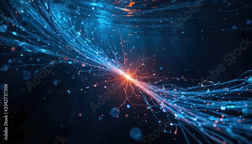 Futuristic Abstract Illustration of Data Streams and Spark Explosion on Dark Blue Background