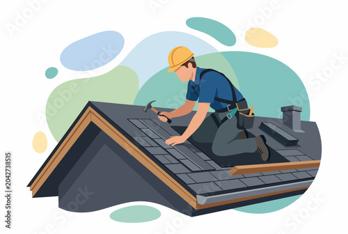 Professional Roofer Repairing House Roof with Hammer