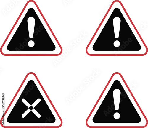 Warning sign triangle with black exclamation mark, red border and white background on a set of safety pictograms for caution and alerts