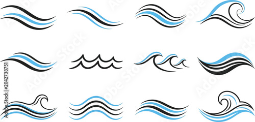 Waves with varying styles and colors in a collection of artistic designs featuring water, ocean, blue with black and white elements