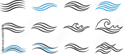 Bild auf Leinwand Waves, a collection of black and blue wavy line illustrations on a white background, featuring various wave designs