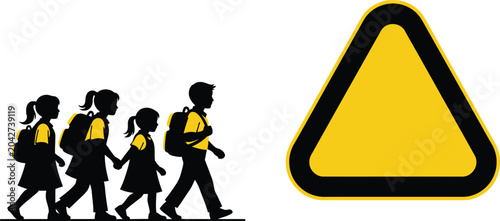 School crossing sign with children walking, yellow warning triangle road sign indicating kids crossing area featuring traffic sign, warning sign,