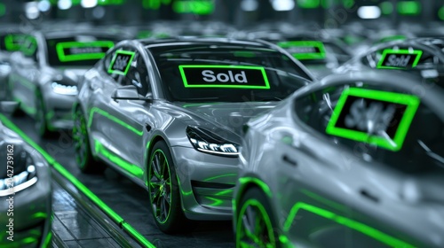 A used electric vehicle lot featuring numerous cars prominently displaying 