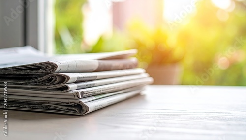 Stack of folded newspapers rest on a white surface with soft, natural light