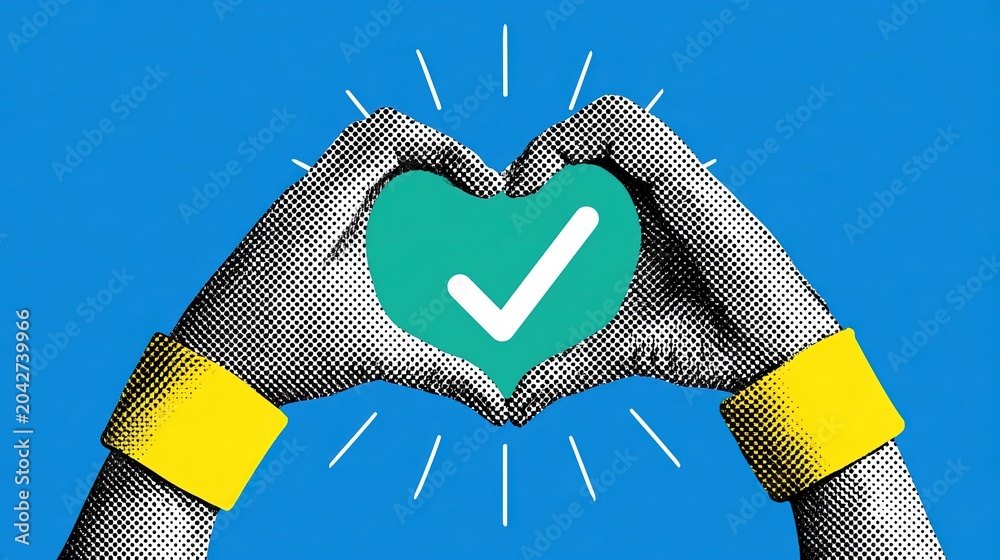 Fototapeta premium Vibrant halftone graphic of black-white dotted hands with yellow wrist cuffs creating central heart frame, solid teal green field with inner white checkmark and outward radiant white