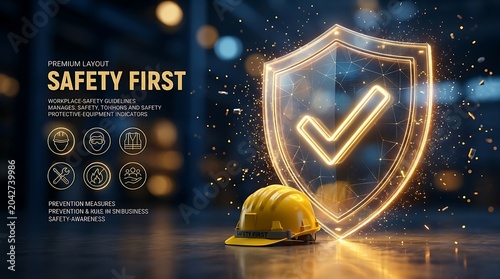 Safety First concept with a glowing shield and checkmark icon, a yellow hard hat, and protective equipment icons representing workplace safety and prevention.
