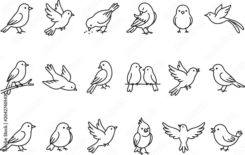 Fototapeta premium Bird icons set line art vector illustrations of various birds flying sitting on branch and eating seeds