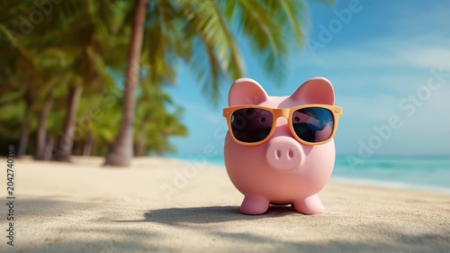 Pink piggy bank wearing sunglasses on a sandy tropical beach with palm trees for travel savings or vacation budget concept.