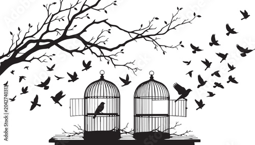 Photos Birds escaping from open birdcages silhouette conceptual illustration of freedom