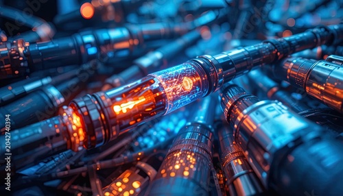 Complex Technological System: Futuristic Interconnected Cables and Data Transmission Network with Glowing Circuitry and Advanced Materials