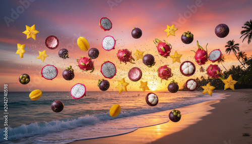 A vibrant beach scene with exotic fruits and stars against a stunning sunset backdrop, evoking tropical paradise vibes.