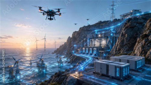 Futuristic Energy Hub: A technologically advanced energy generation and distribution facility situated on a rocky coastline, utilizing wind turbines and drone technology.