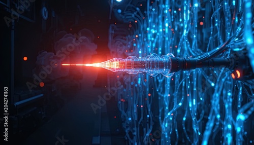 Fiber Optic Data Transfer Illustration with Glowing Connection Point and Blue Data Streams in a Futuristic Network Environment