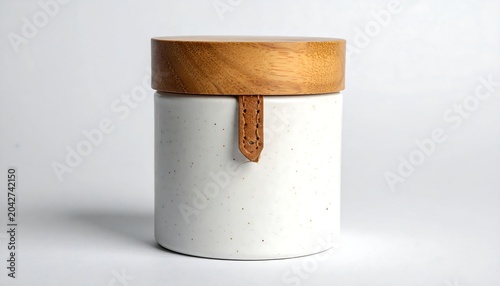 Ceramic jar with wood lid and leather pull tab, speckled white, on a white backdrop, casting soft shadow