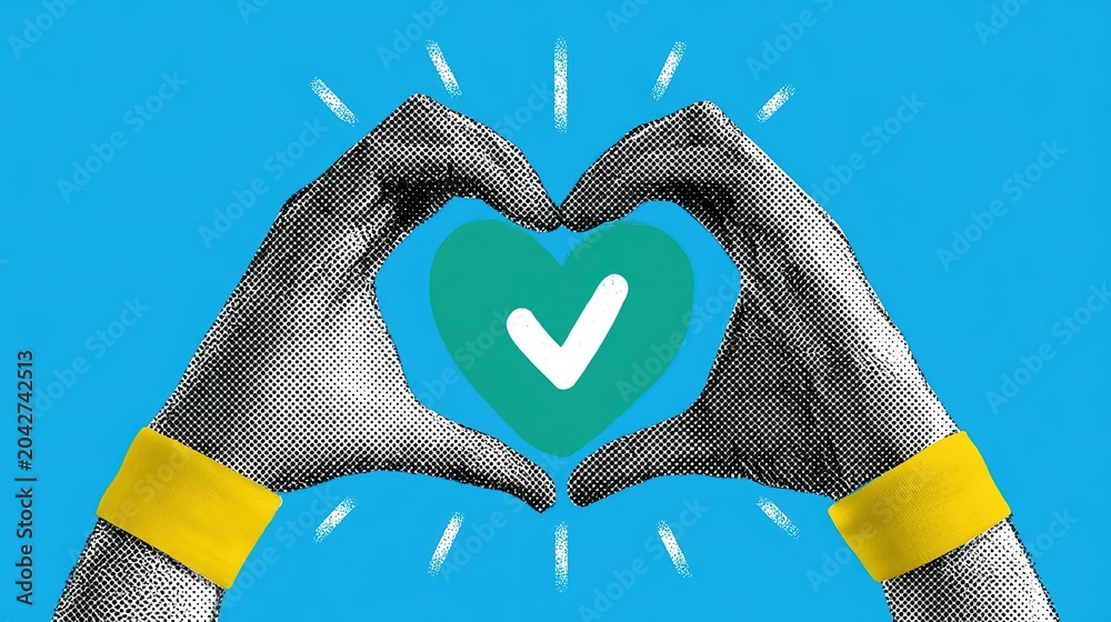 Fototapeta premium Vibrant halftone graphic of black-white dotted hands with yellow wrist cuffs creating central heart frame, solid teal green field with inner white checkmark and outward radiant white