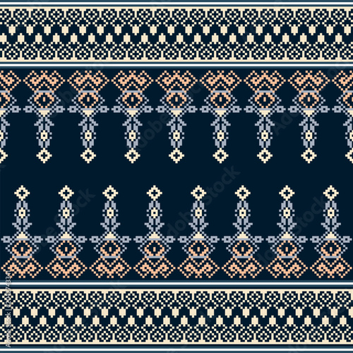 Ethnic Geometric Seamless Pattern in Blue and Beige