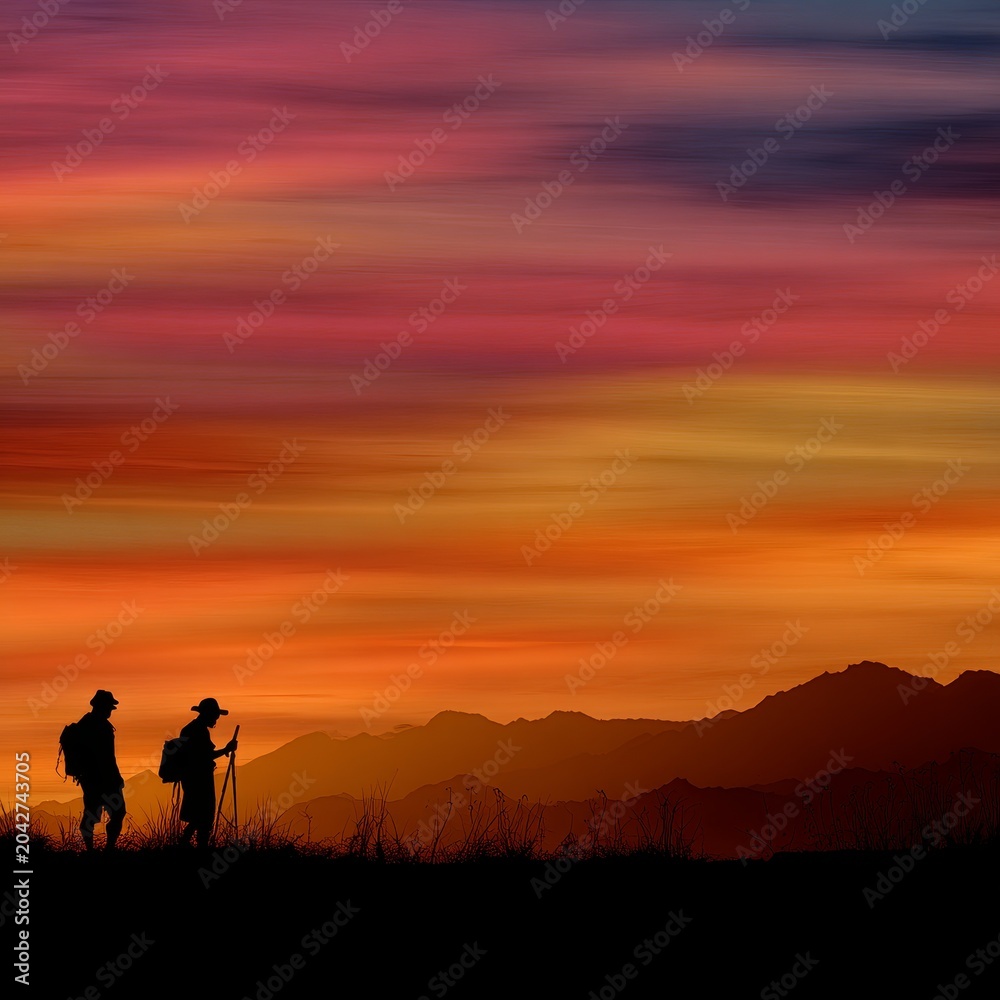 Fototapeta premium Hikers in silhouette watch colorful sunset over rolling mountain silhouette.