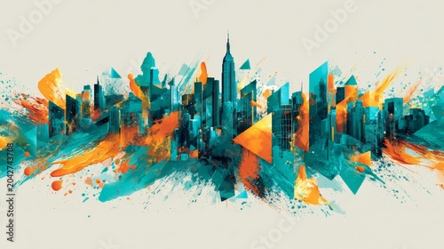 Abstract paint splash futuristic city skyline, teal orange digital art on light background