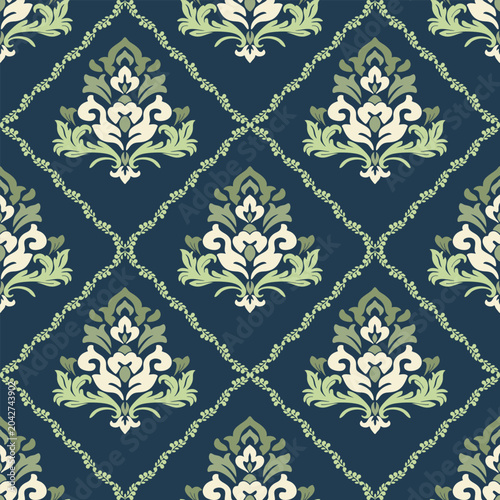 Damask Seamless Pattern with Floral Ornament on Dark Blue Background