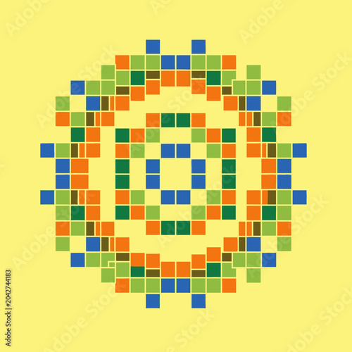 Geometric Pixel Mandala Pattern on Yellow Background