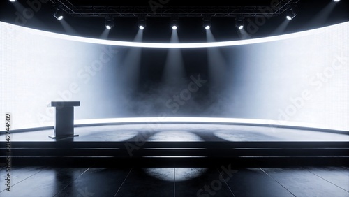 Modern empty stage with podium, curved big LED screen display, spotlight beams and smoke background for seminar, presentation or corporate event