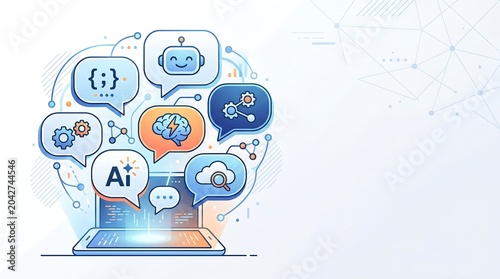 Artificial Intelligence and Machine Learning Concept Illustration with Laptop, Chatbot, Cloud Computing, and Code Icons on White Background Banner