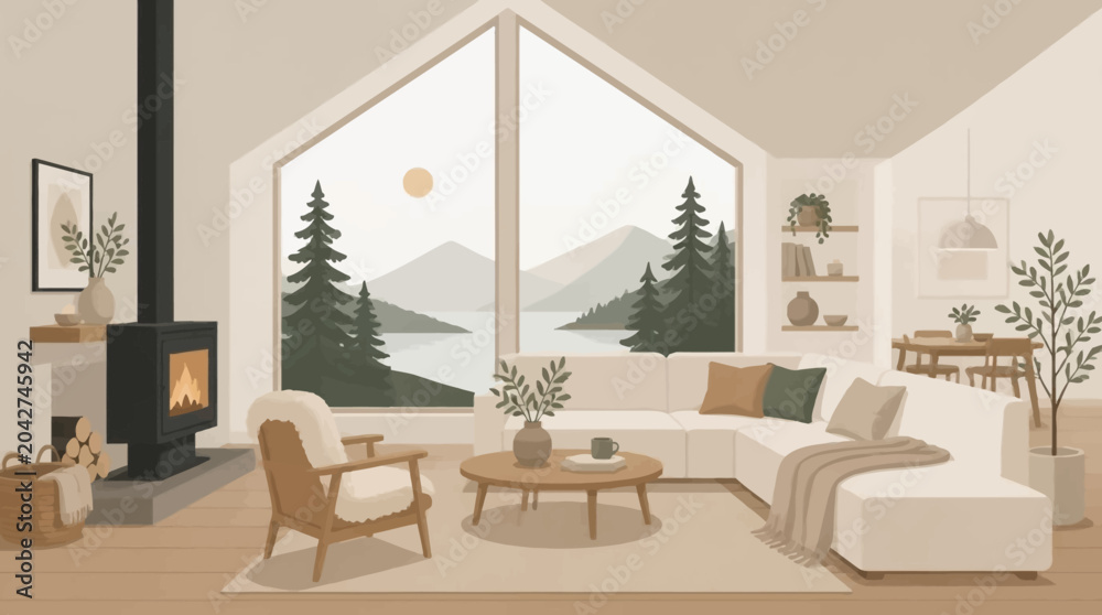 Fototapeta premium Cozy Modern Living Room Illustration with Fireplace, Overlooking a Serene Lake and Lush Mountain Landscape Through Large Windows
