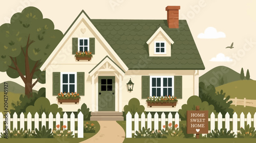 Charming Countryside Cottage with White Picket Fence and 'Home Sweet Home' Sign