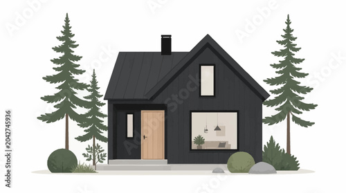 Contemporary dark house illustration with a minimalist design, set amidst lush green pine trees and natural garden elements on a white background