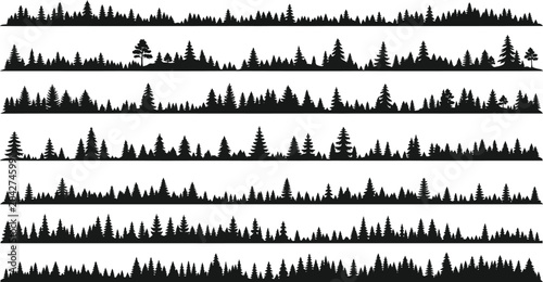 Set of black coniferous forest treeline silhouettes with pine and spruce trees for landscape borders and nature backgrounds vector illustration