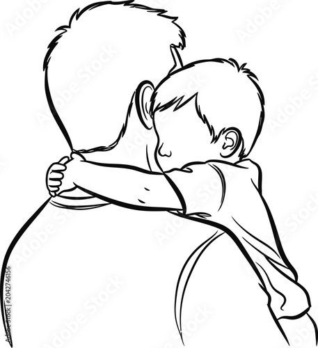 Line art illustration of a father holding his young son in an affectionate embrace.