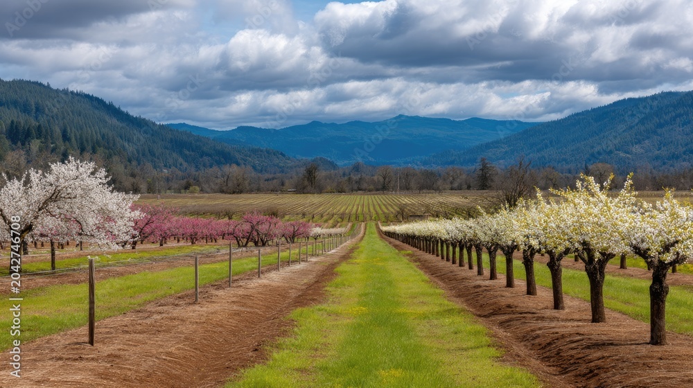 Obraz premium Scenic Spring Blossom View in Fruit Orchard with Mountains and Clouds in Background