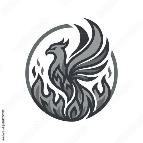 Εκτύπωση καμβά Stylized phoenix bird rising from flames inside circle.
