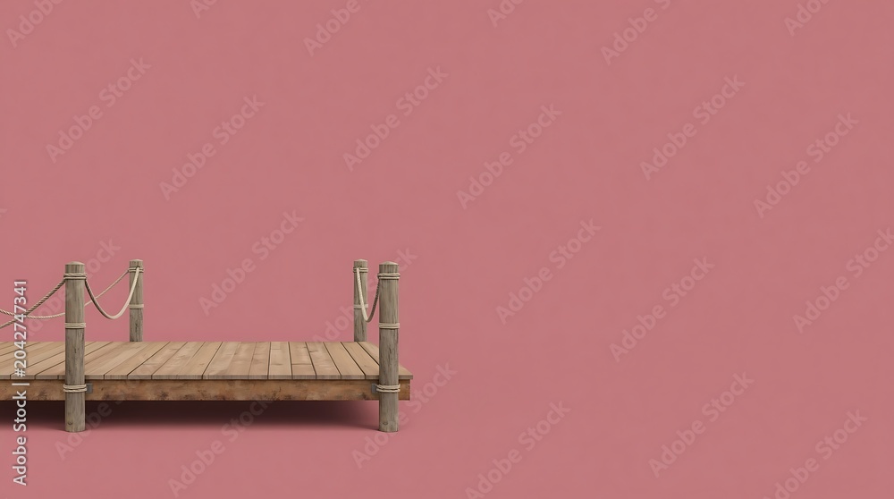Naklejka premium Wooden dock with rope railings against a solid pink background, minimalist design.