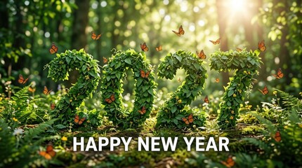 Happy New Year message formed by foliage and butterflies in a lush green forest setting