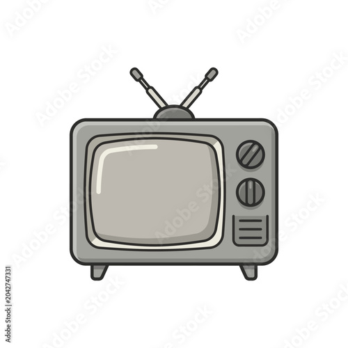 Retro brown television receiver with knobs and rabbit ear antennas.