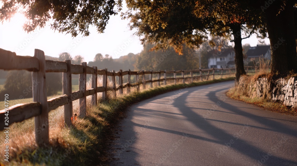 Fototapeta premium Serene Country Road Curving Through Lush Green Fields with Wooden Fence and Beautiful Autumn Light